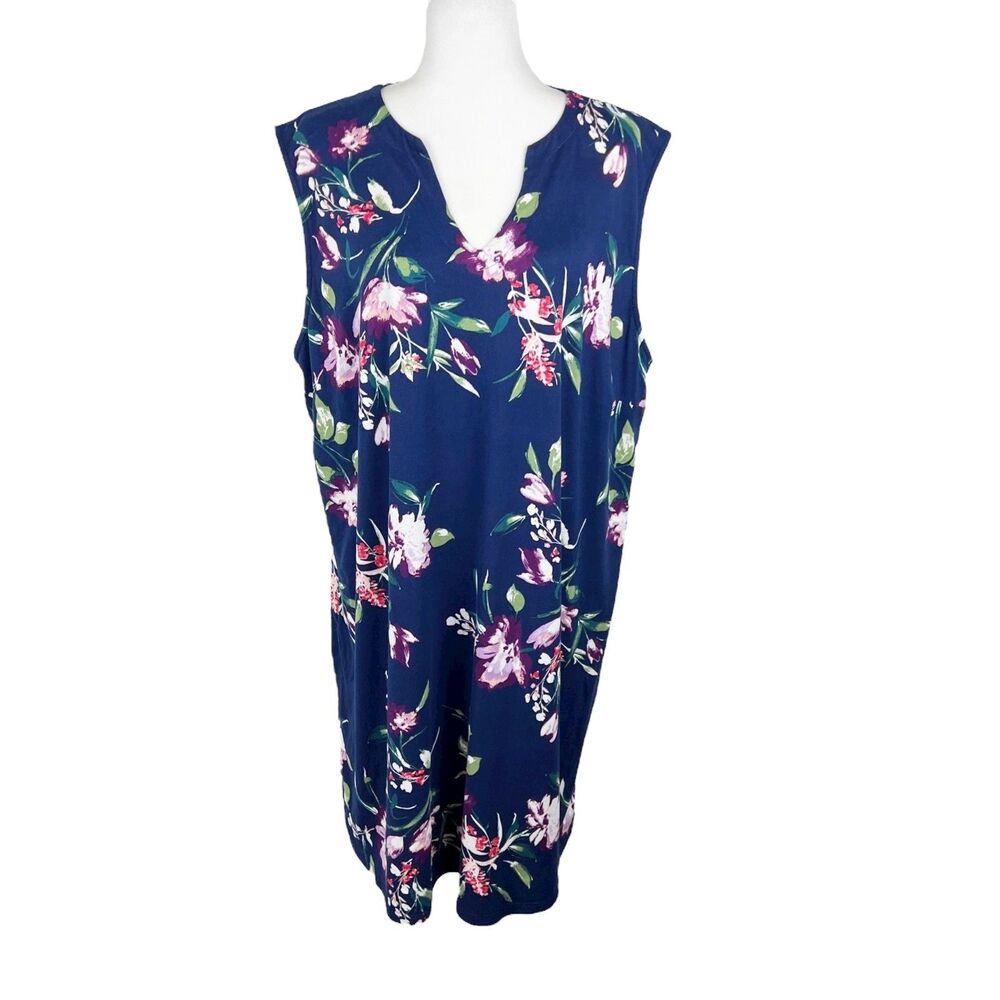 Renee C Dress Women 3X Plus Size Blue Floral V-Neck Sleeveless Stretch Casual